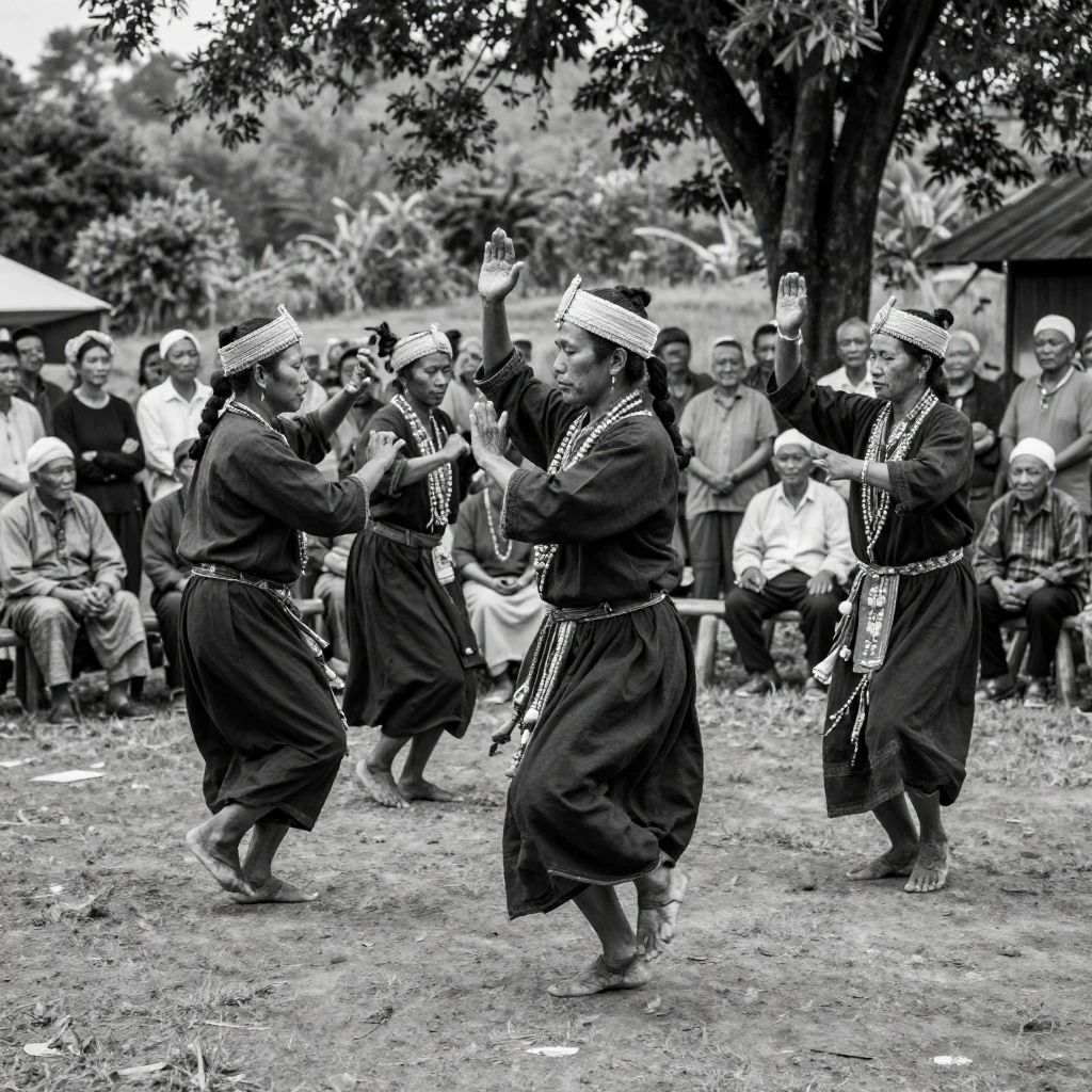 Traditional dancers perform an ancient ceremonial dance before a gathered crowd of elders.