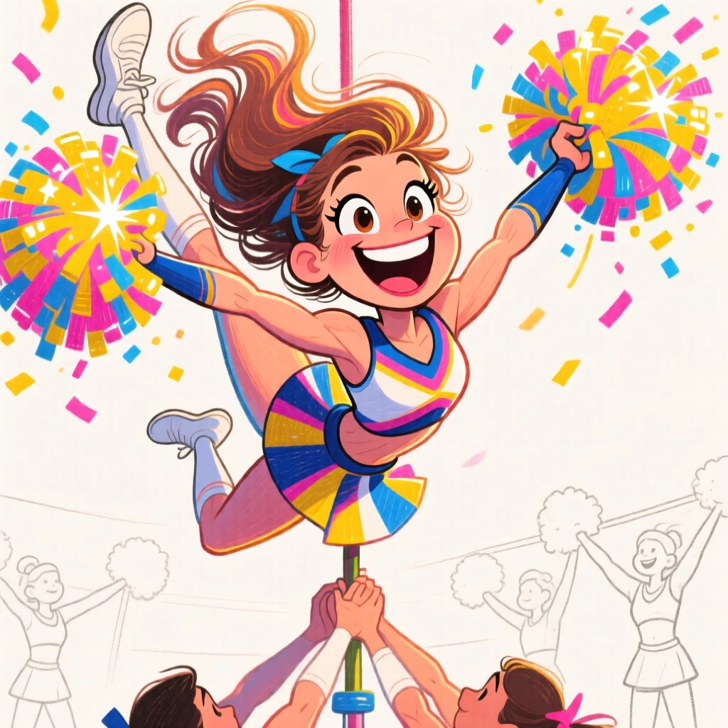 A cheerleader mid-flip in a stunt formation, pom-poms sparkling in the sunlight.