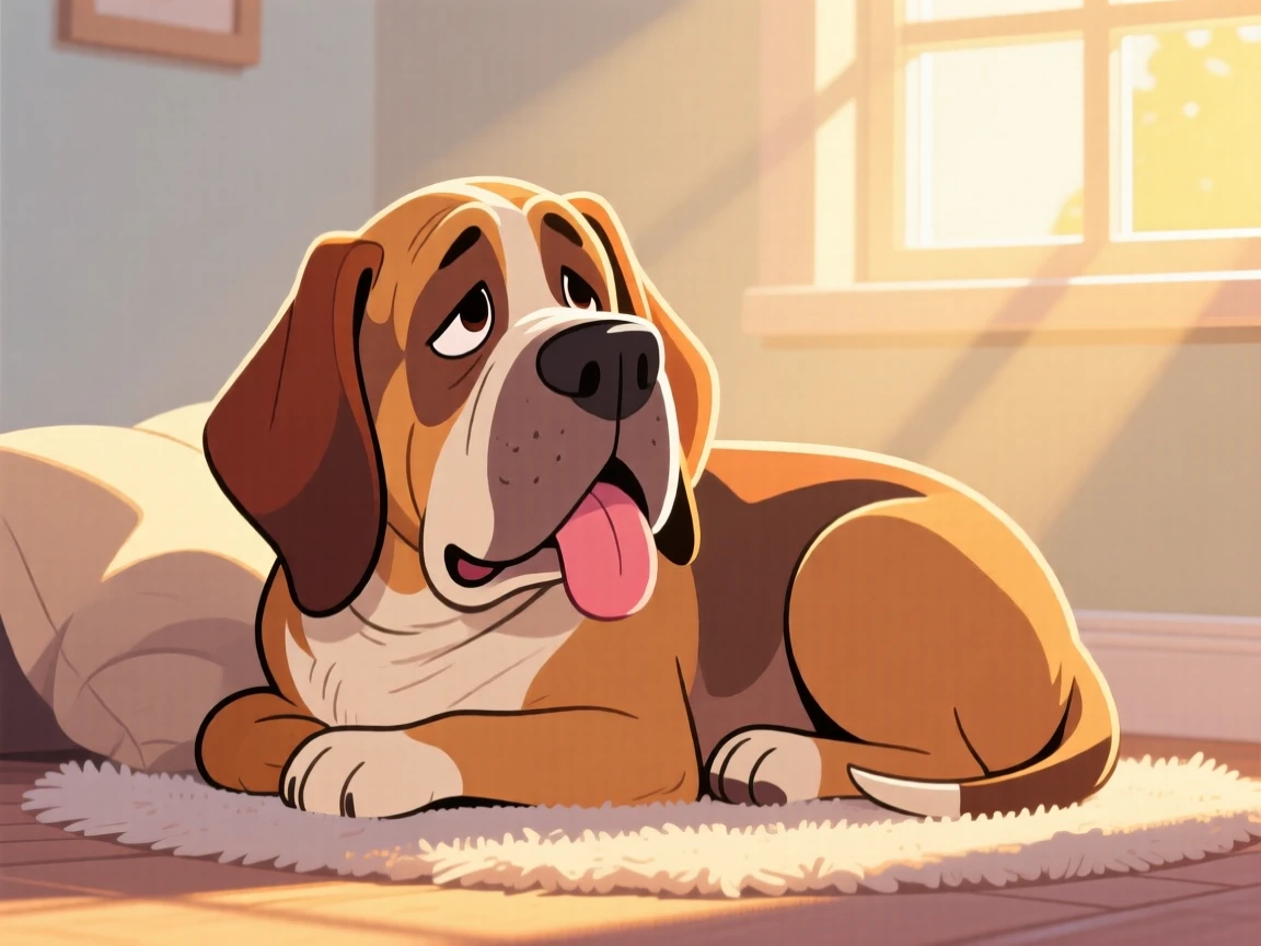 A playful pet moment featuring a gentle old bloodhound curling up for a nap in a sunbeam, with its tongue lolling out sideways.