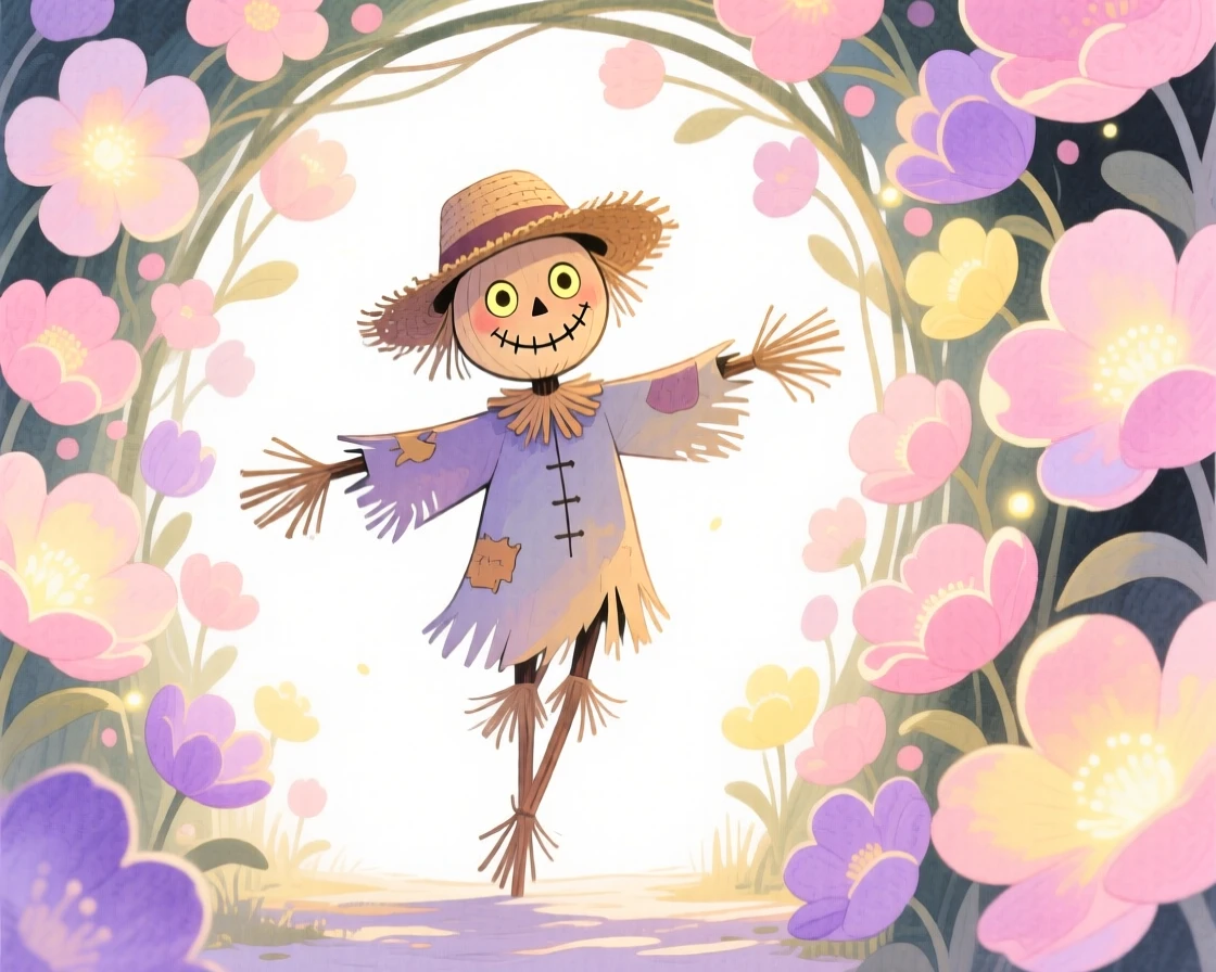 An enchanted scarecrow walking through a tunnel of blooming glowing flowers