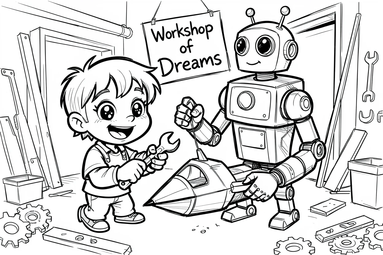 [Fantasy & Imaginative Scenarios] Imaginative fantasy scene of a robot and a child building a spaceship together in a garage, brimming with wonder