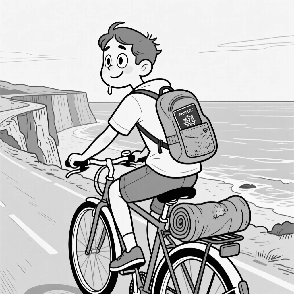A cyclist pedaling along a scenic coastal road, drooling slightly onto a rolled-up jacket, set at the edge of a dramatic canyon lookout. A worn passport peeks out of a jacket pocket. There's a light, adventurous spirit running through the moment.