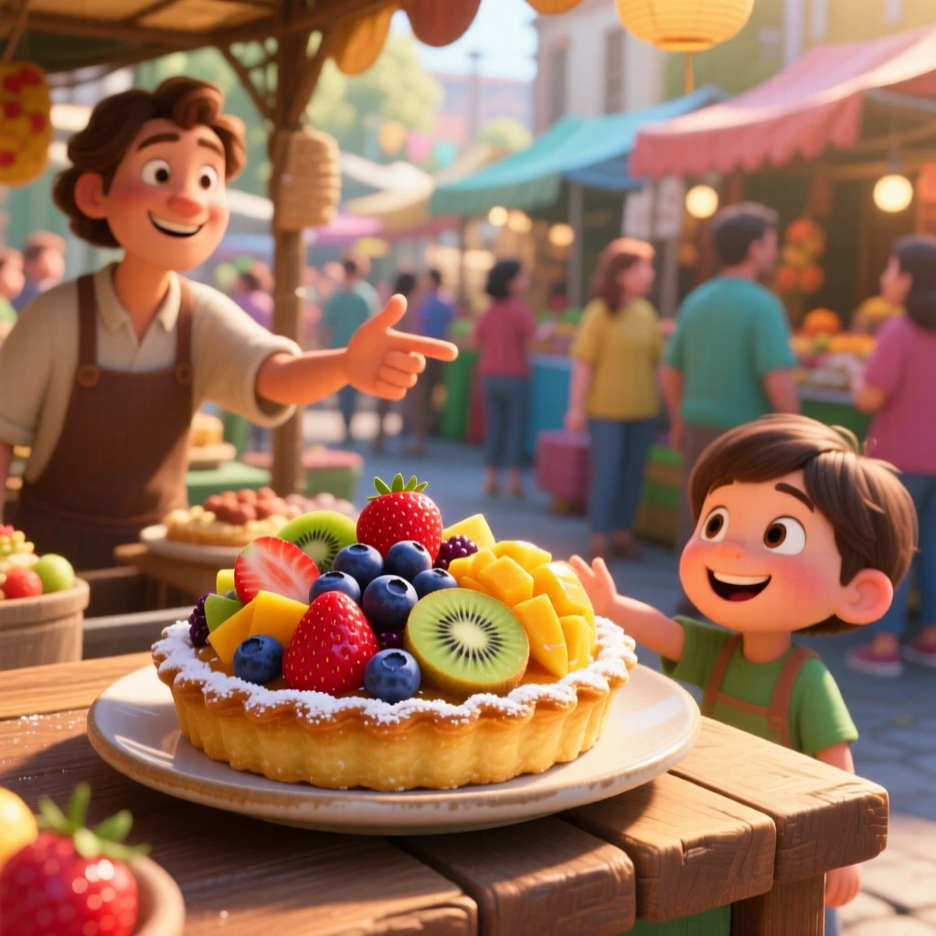 A fresh fruit tart with glossy glaze sits at a bustling street food market stall, with a light dusting of powdered sugar. A cheerful, mouthwatering warmth surrounds the dish.