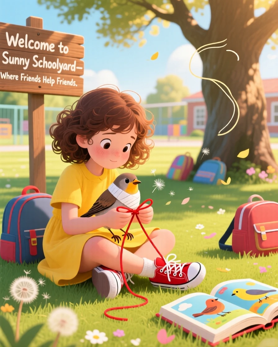 A girl and an injured bird share a tender moment teaching each other to tie their shoelaces in a sunny schoolyard, while a soft breeze carries away any worry.