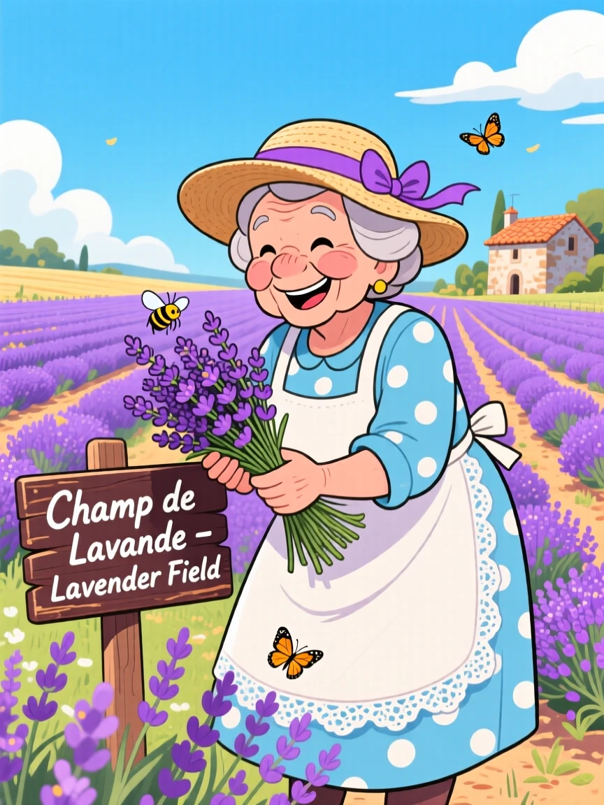A grandmother in France picking lavender in a Provence field.