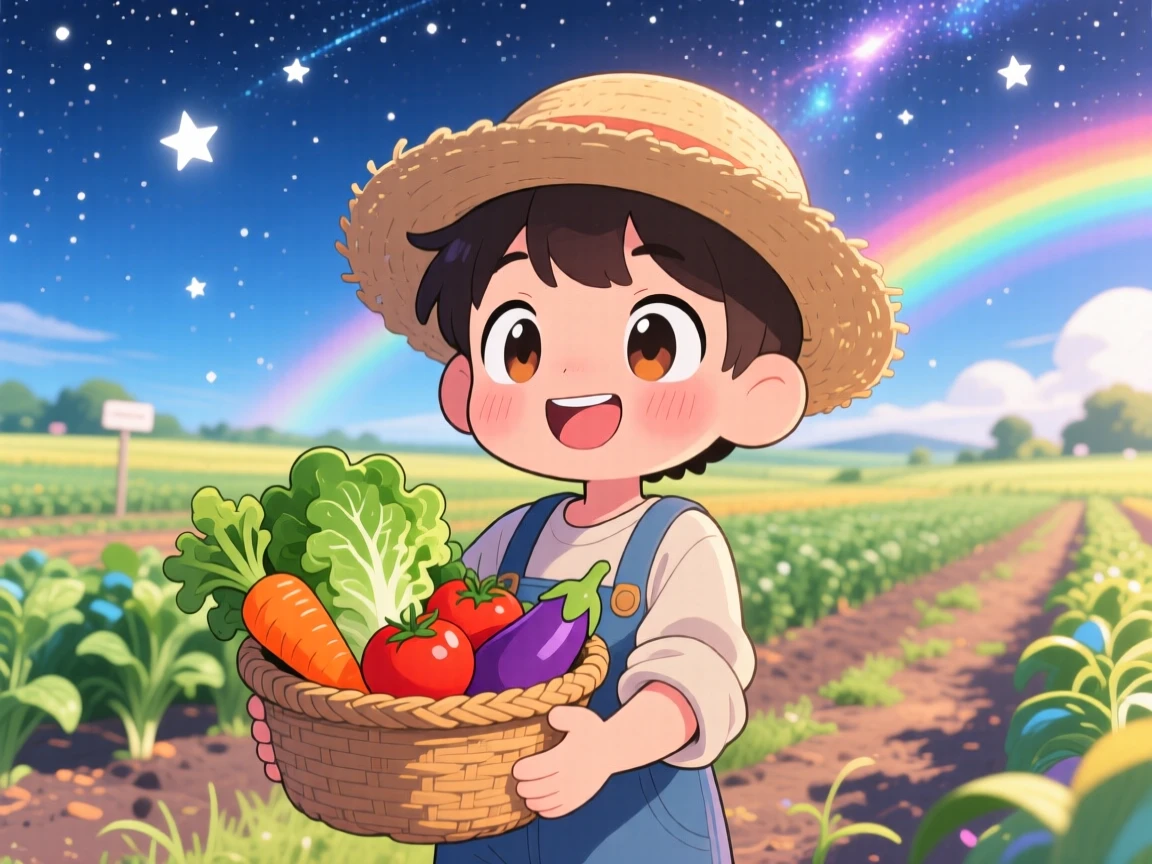A young farmer carrying a basket of freshly picked vegetables, framed as an extreme close-up within a sunny farm field, under a starry midsummer night sky, glowing under bright rainbow-tinted light, evoking wide-eyed wonder.
