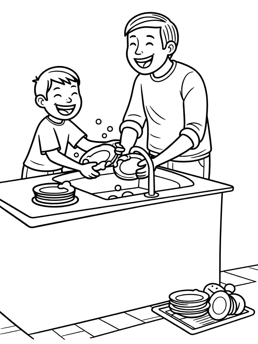 A father and son washing dishes together, laughing