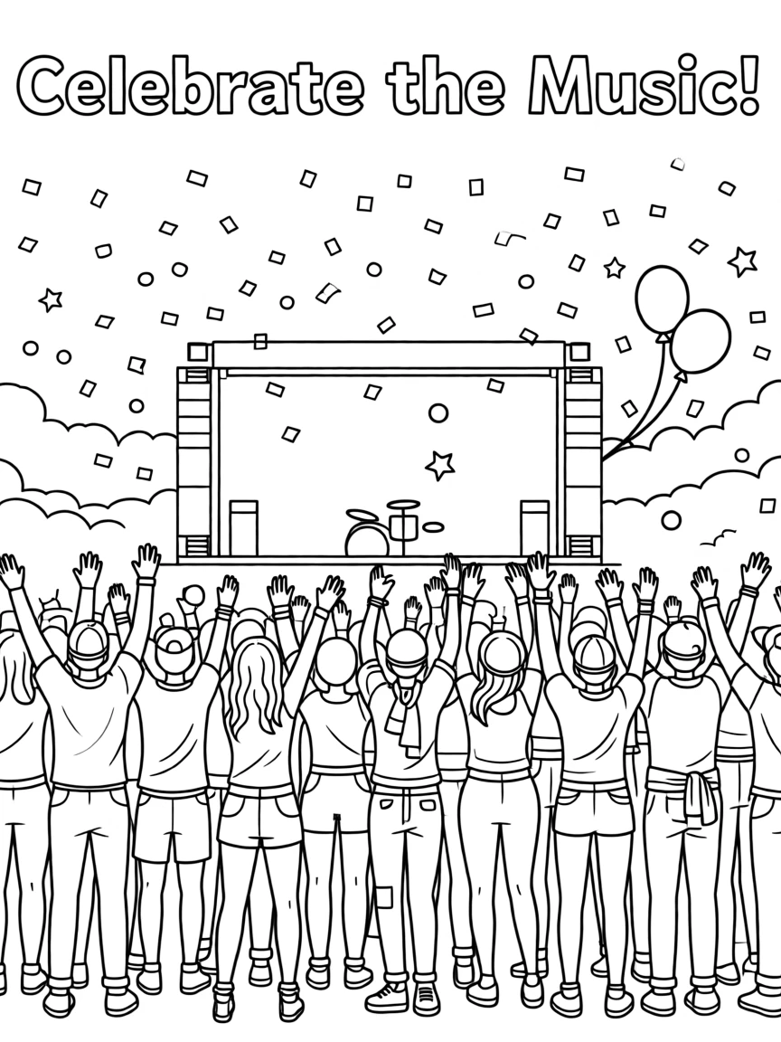 A crowd of silhouettes with raised hands at an outdoor music festival, with confetti falling through the air.