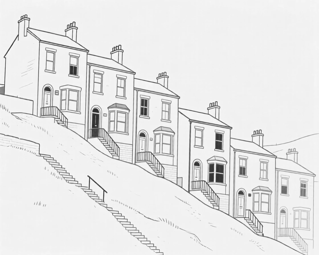 A row of terraced houses climbing a steep city hillside