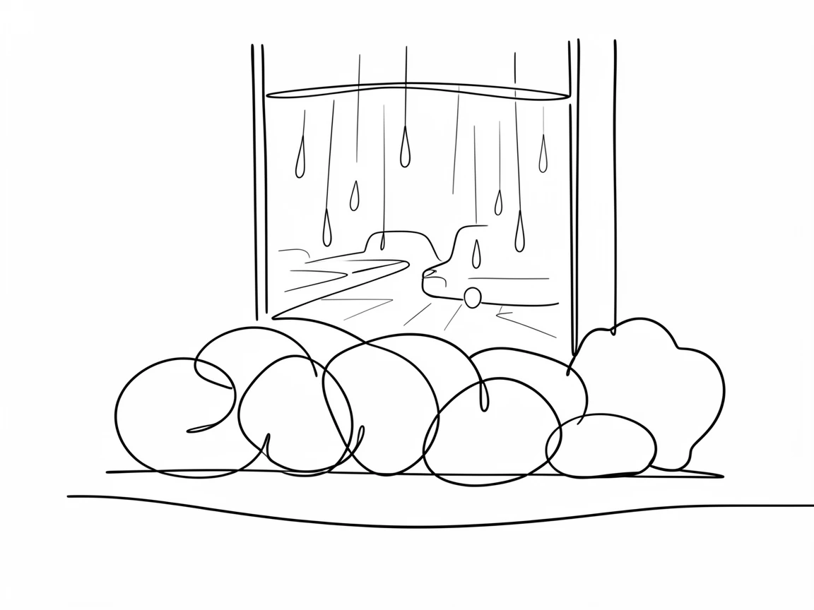 A cozy window seat piled with cushions overlooking a rainy street