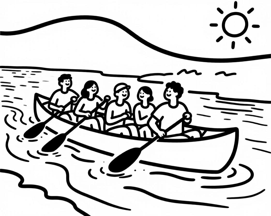 A group of friends canoeing down a calm river on a sunny day.