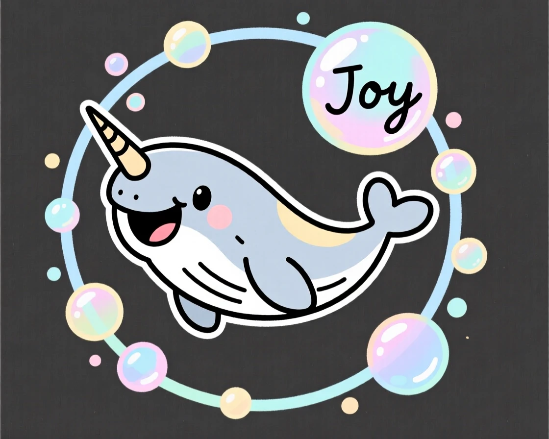 A cheerful cartoon narwhal jumping through a hoop of bubbles.