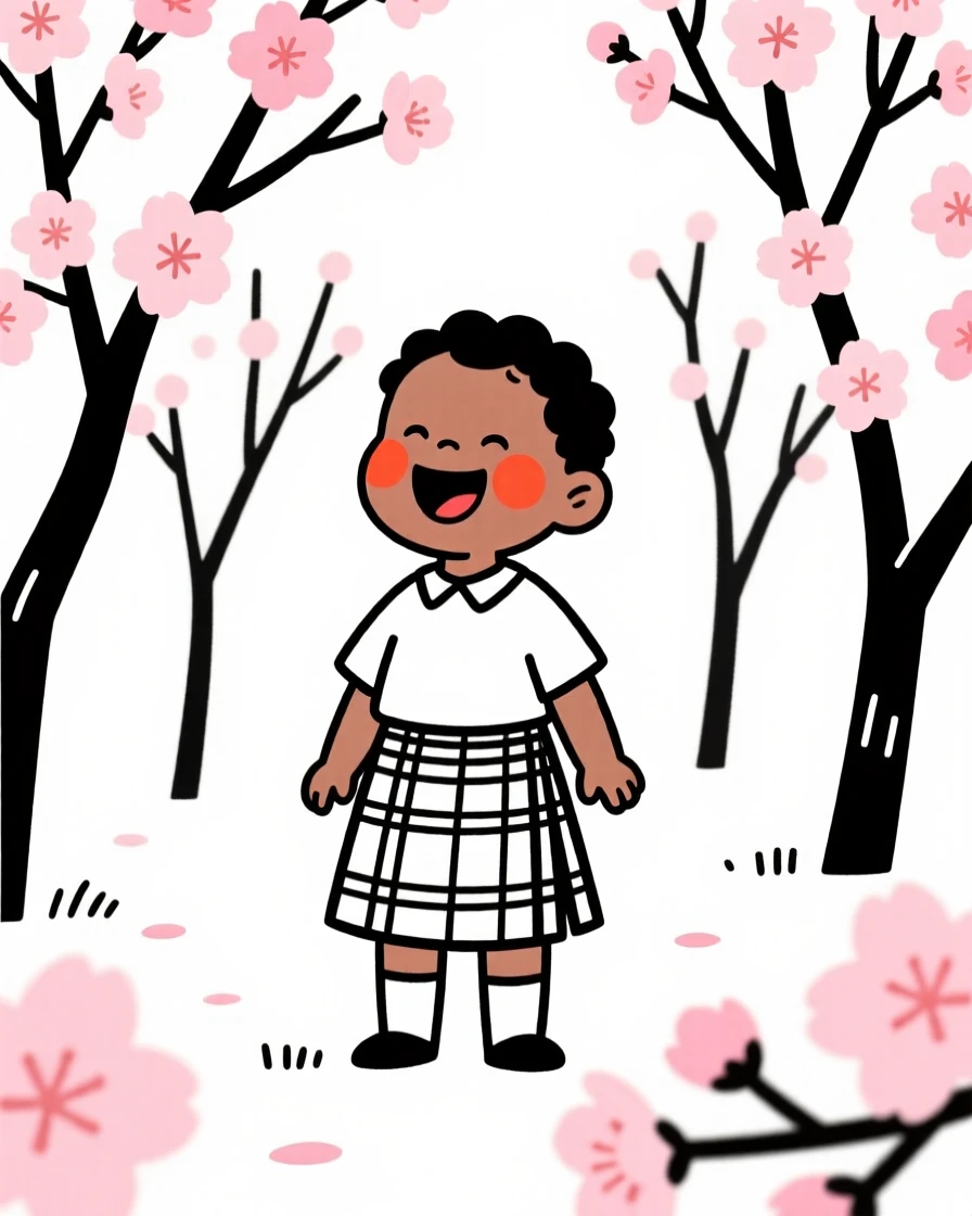 A two-year-old of Jamaican heritage wearing a Scottish kilt, laughing joyfully, in a blooming cherry blossom garden.