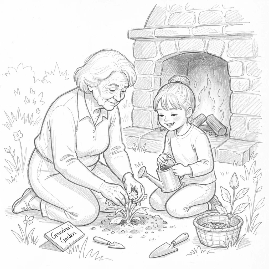 Grandmother and granddaughter tending a garden, around a crackling fireplace, full of gentle affection.