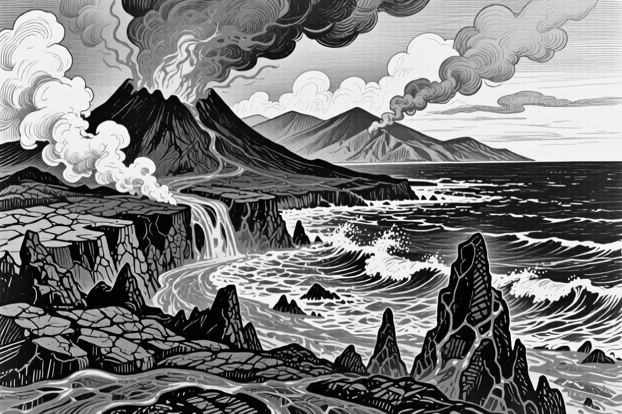 The dramatic volcanic landscape of Hawaii with lava meeting the ocean.