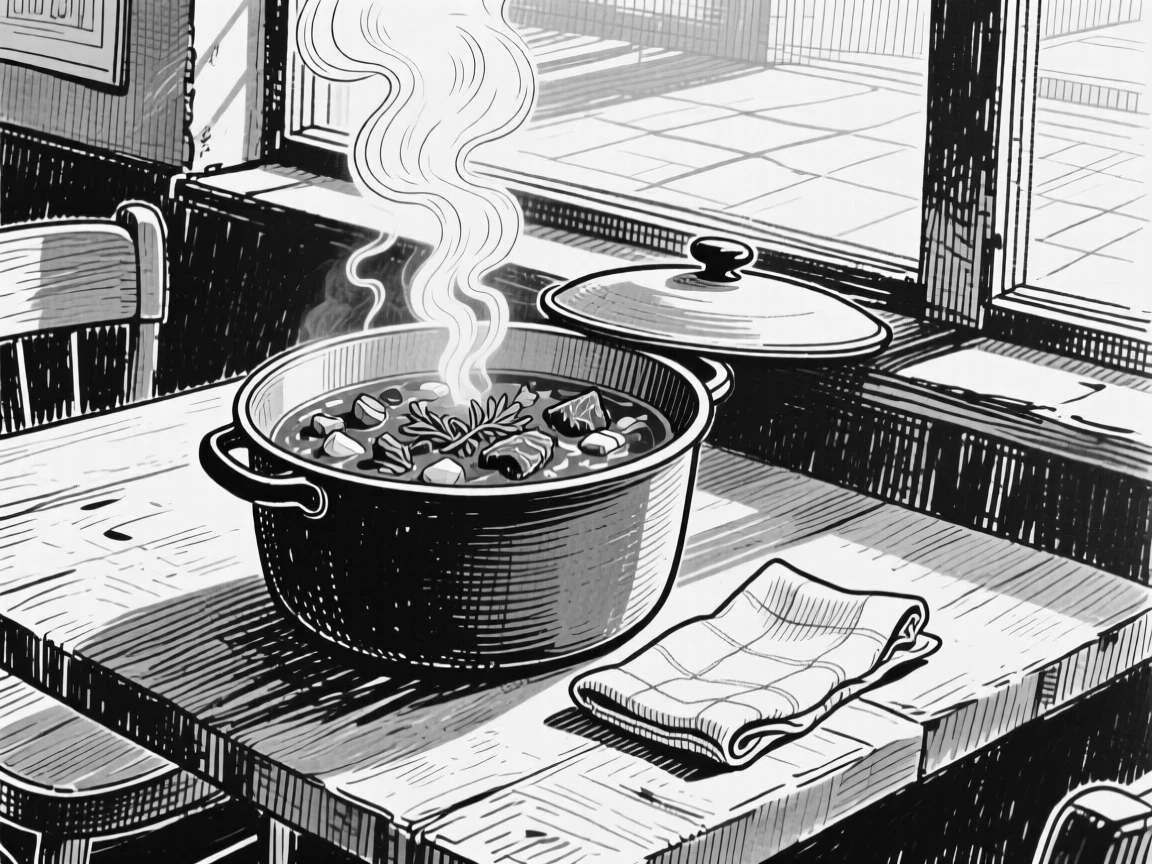 A steaming pot of hearty stew set in a sunlit cafe window, with a folded linen napkin nearby, presented in a wholesome and simple culinary still life.