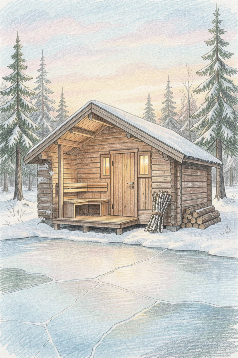 A rustic sauna cabin beside a frozen Nordic lake, set against a softly lit, atmospheric backdrop, radiating comfort, joy, and quiet beauty.