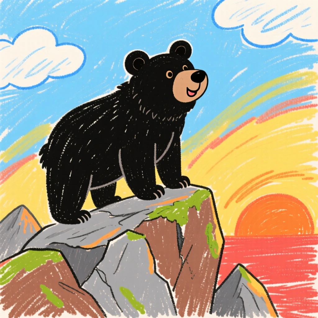 A black bear standing alert on a rocky outcrop at sunrise.