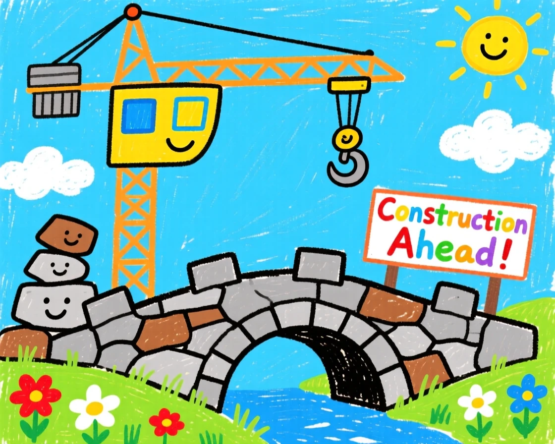 A bustling construction crane crossing an old stone bridge.