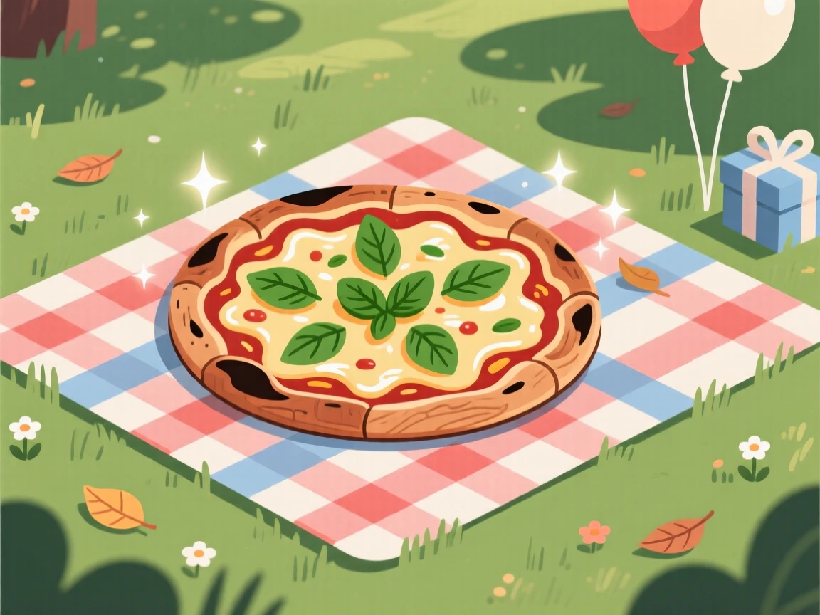 A wood-fired pizza topped with fresh basil and melted cheese, arranged on a picnic blanket in a park, arranged with elegant simplicity and clean lines, with a joyful, celebratory feel.