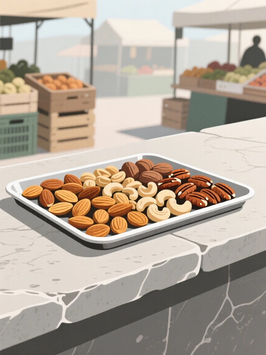 A tray of roasted nuts beautifully displayed on a stone counter at a farmers market.
