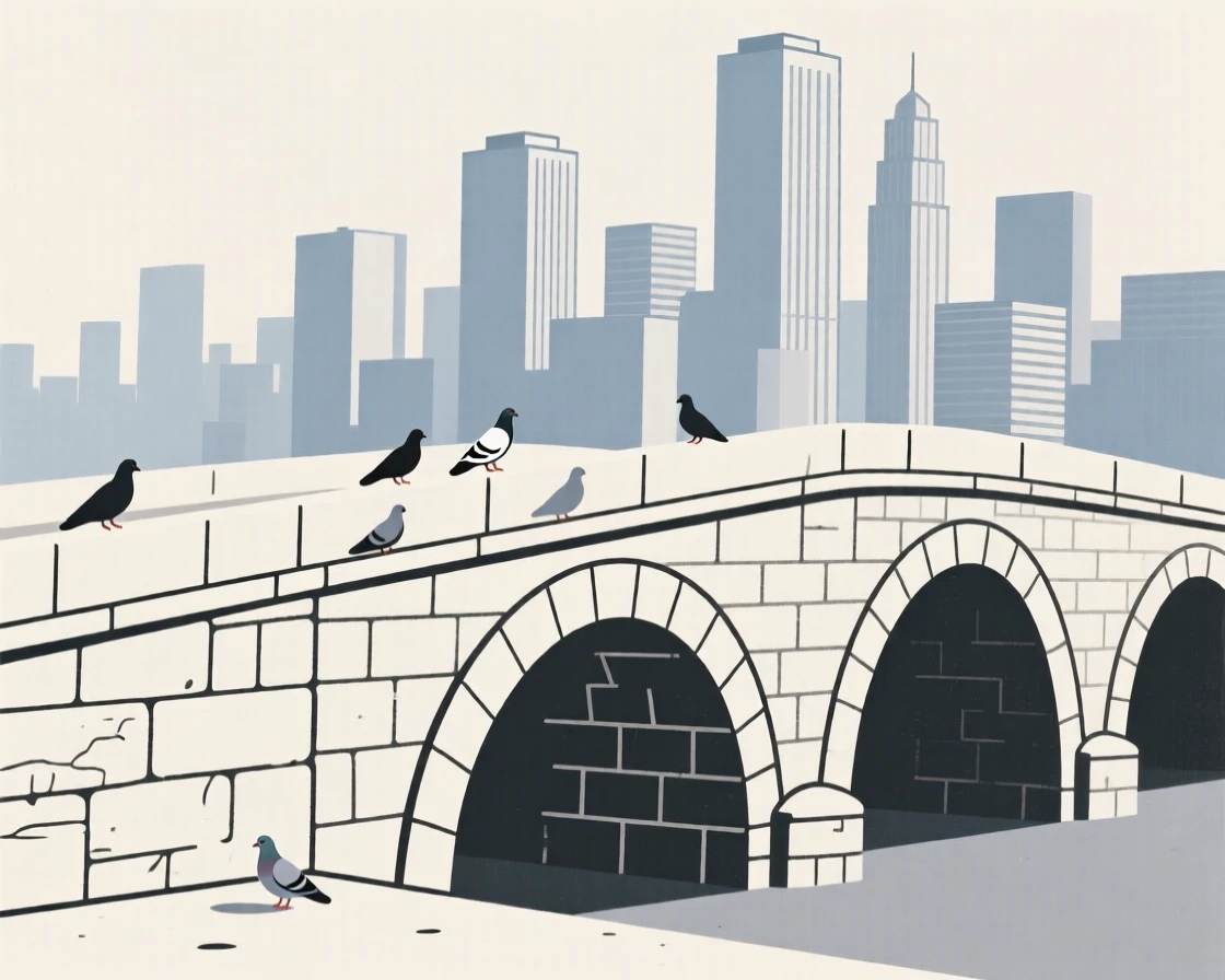 A quiet corner of an old stone bridge within a modern city skyline, featuring a scattering of pigeons, full of quiet elegance.
