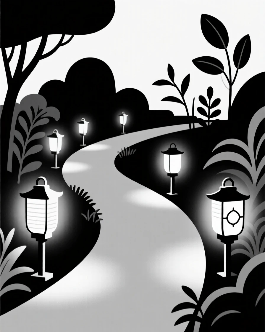 A soft glow of lanterns along a quiet garden path.