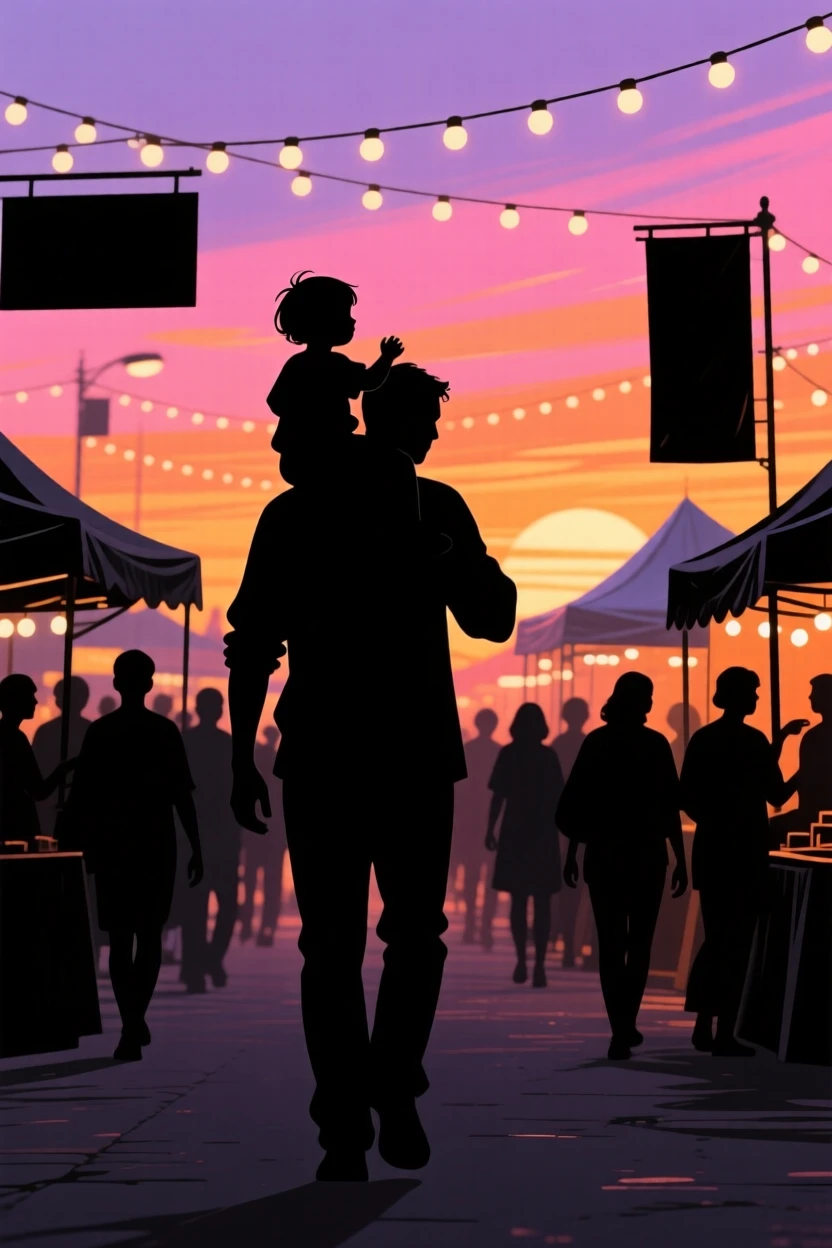 A child riding on a parent's shoulders through a crowded street fair.