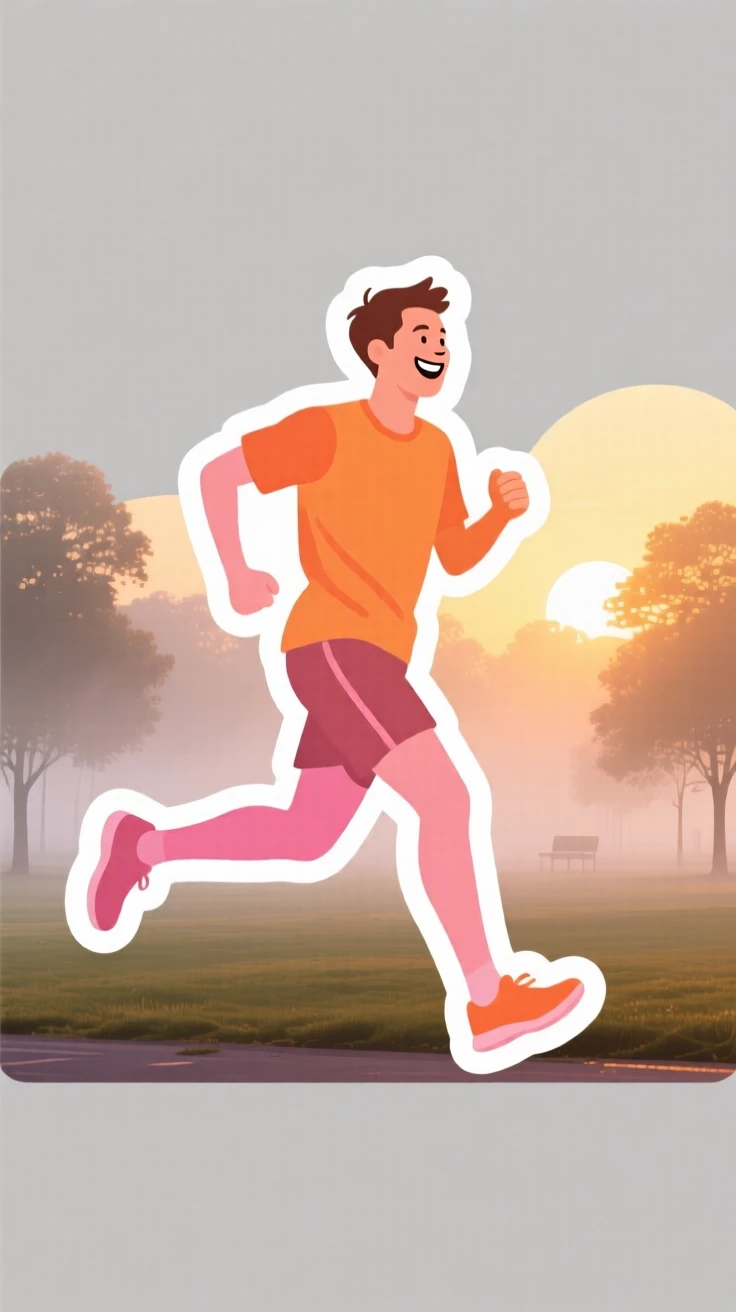 A focused and joyful runner jogging through a misty park at sunrise, with a warm smile of accomplishment, outdoors surrounded by fresh air.