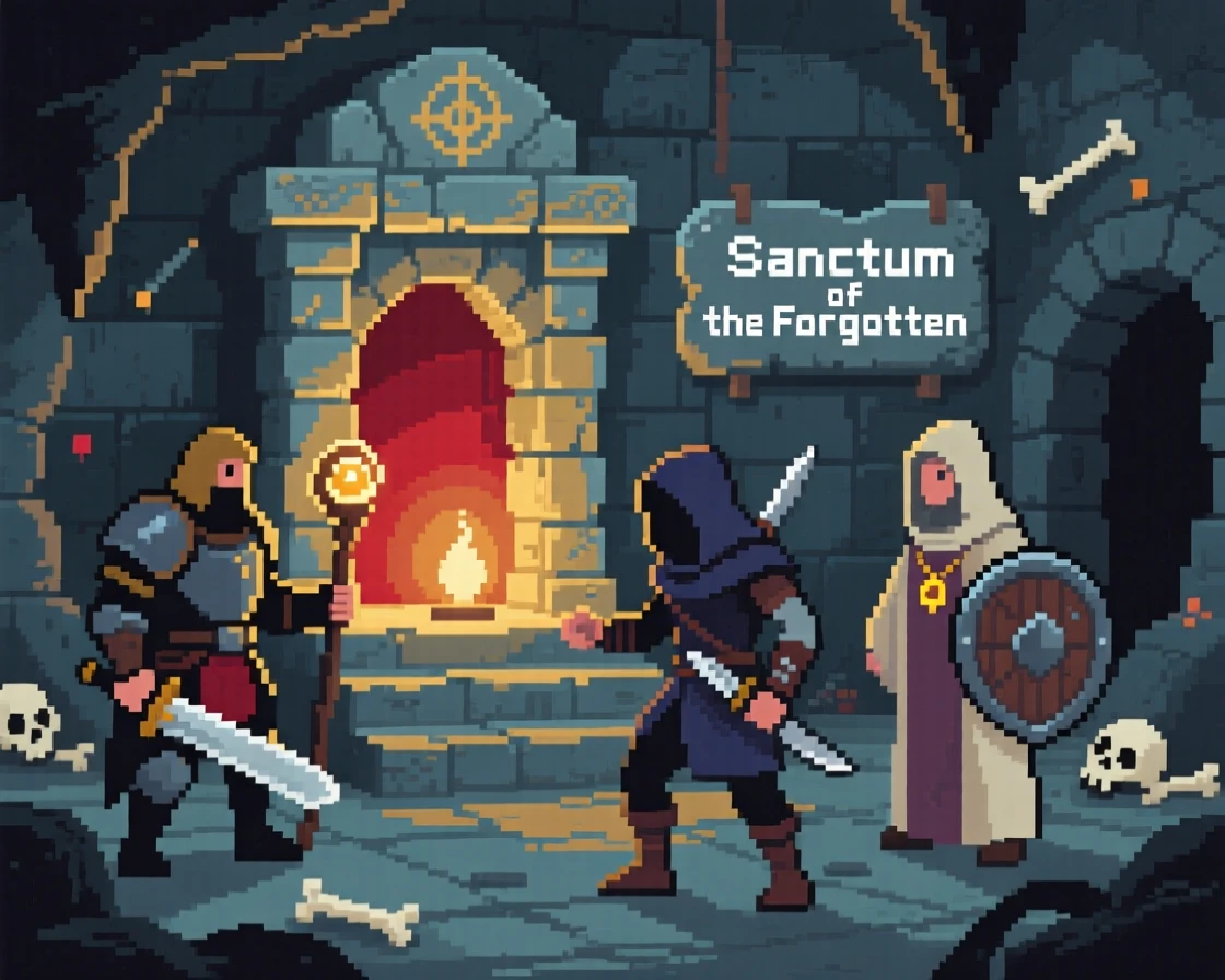 A party of four adventurers discovering a hidden shrine deep underground, within a sprawling underground dungeon.