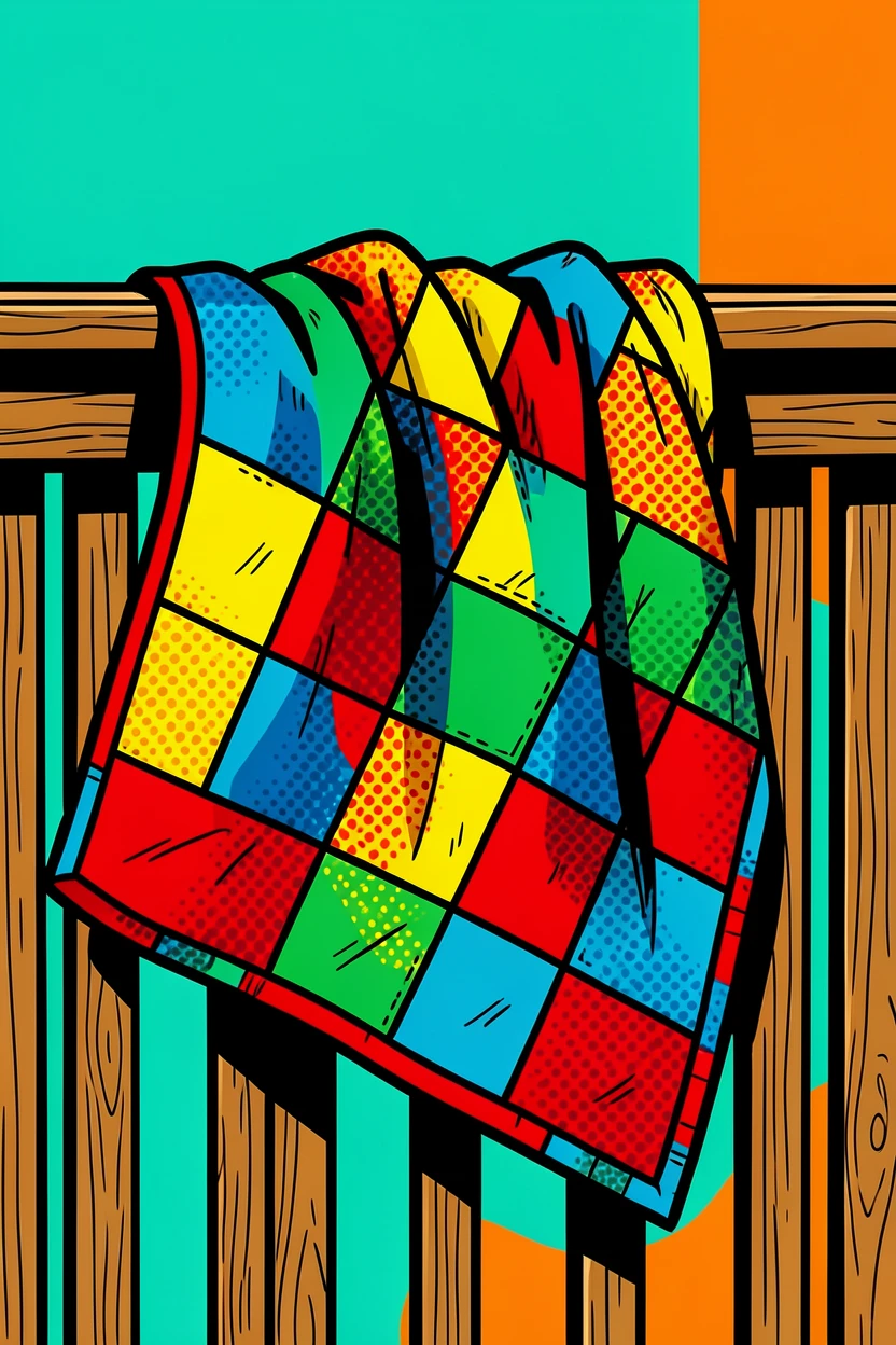 A hand-stitched quilt draped over a wooden porch railing