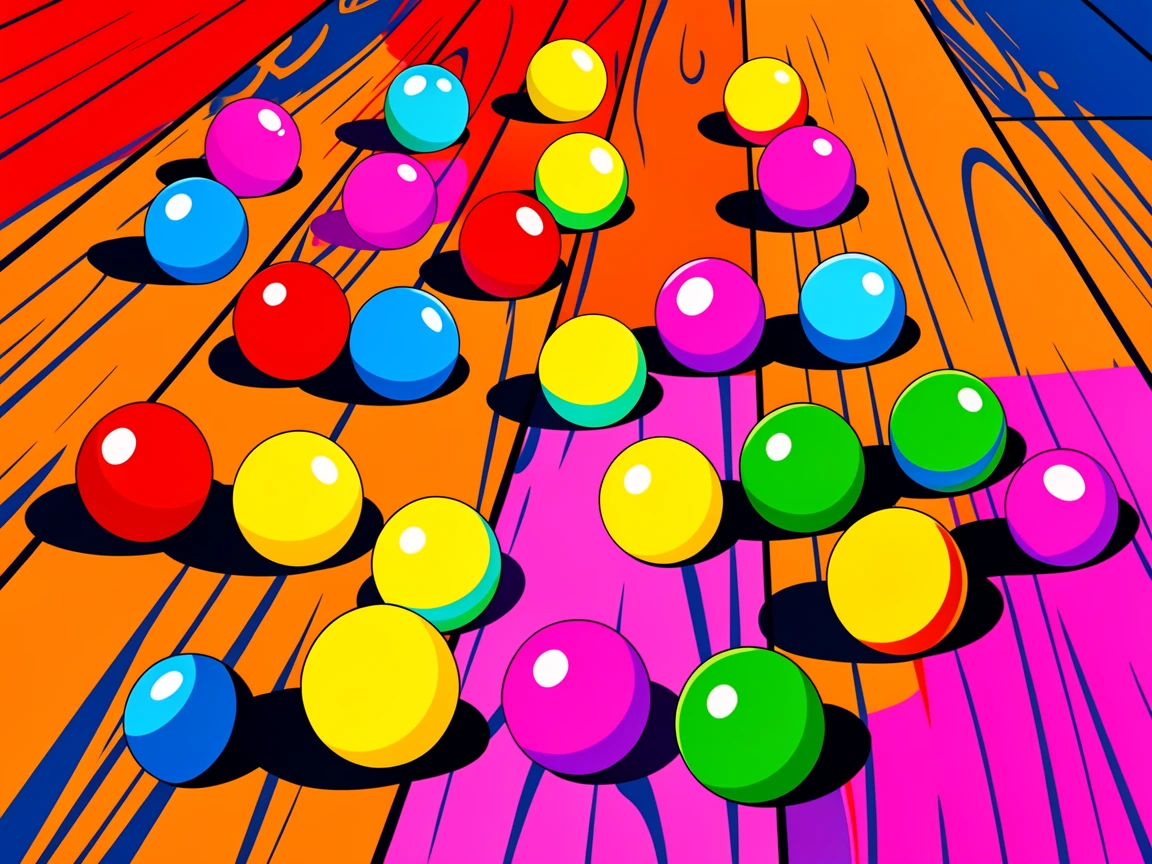 Classic marbles scattered on a wooden floor