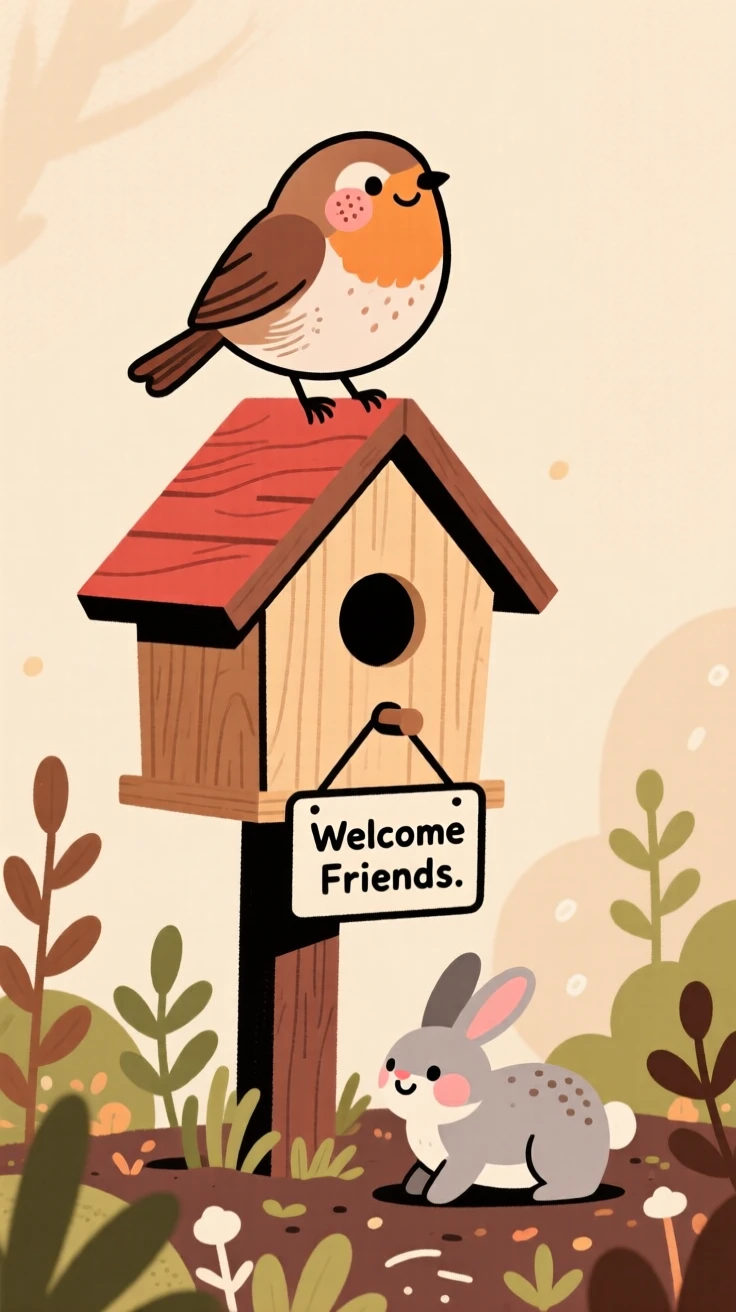 A robin perches on a wooden birdhouse, fluffing its wings while a rabbit moves quietly through the garden bed below.