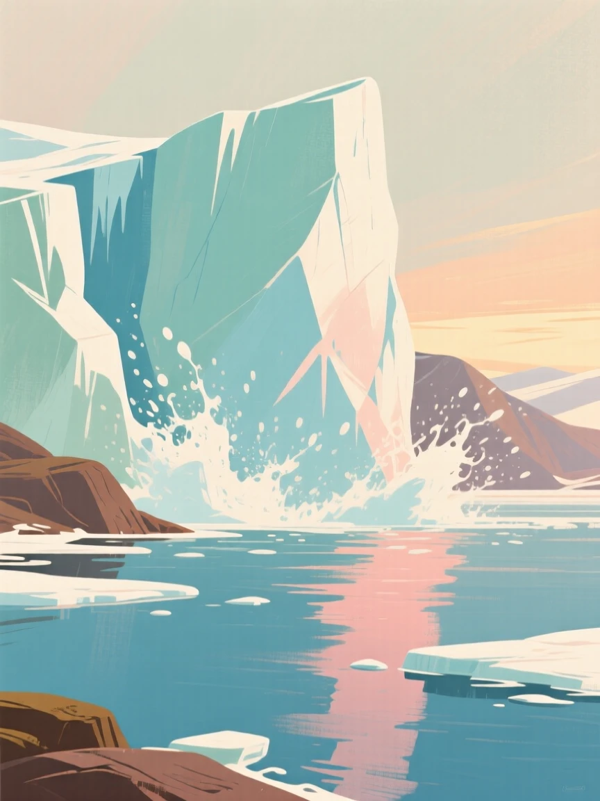 A dramatic glacier calving into an icy blue fjord