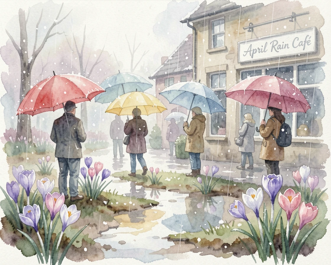 A rainy April day with colorful umbrellas and blooming crocuses with soft snow gently falling.