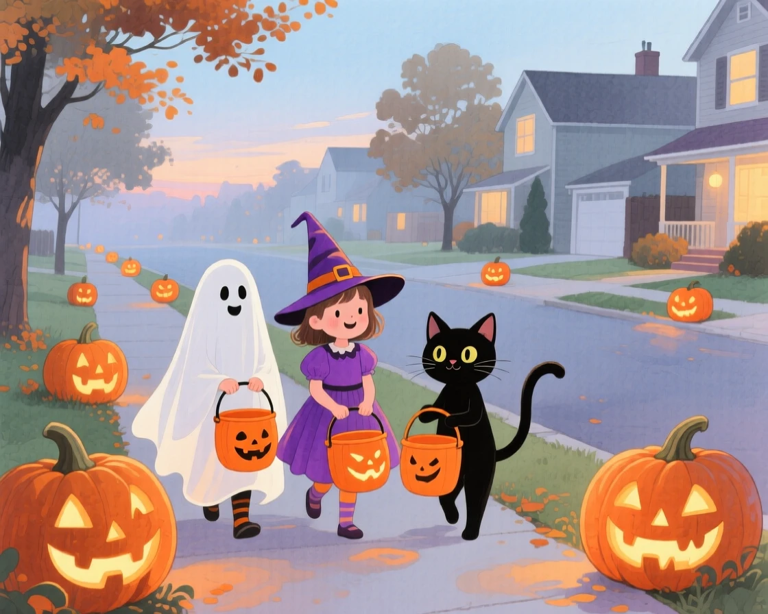 Children in costumes carry pumpkin buckets down a quiet suburban street lined with glowing jack-o-lanterns