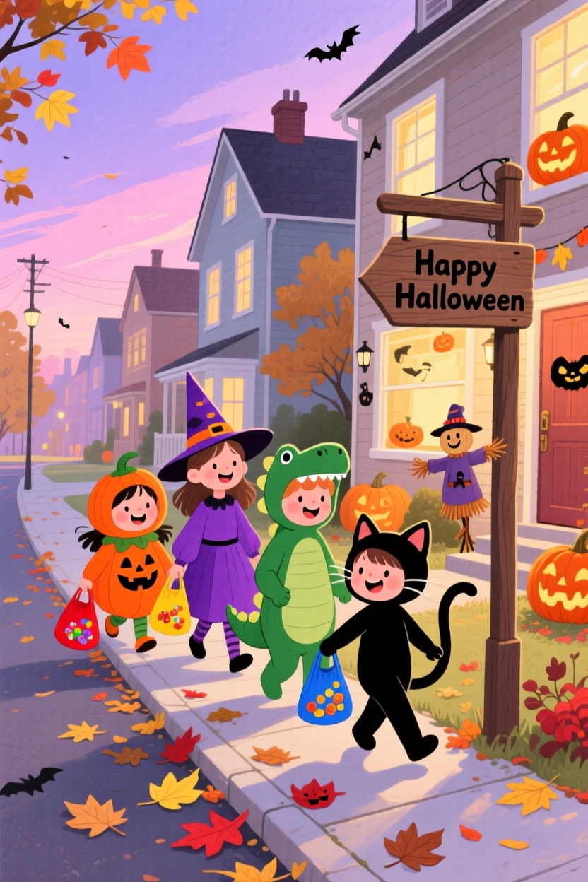 A festive scene of children in costumes trick-or-treating along a autumn street.