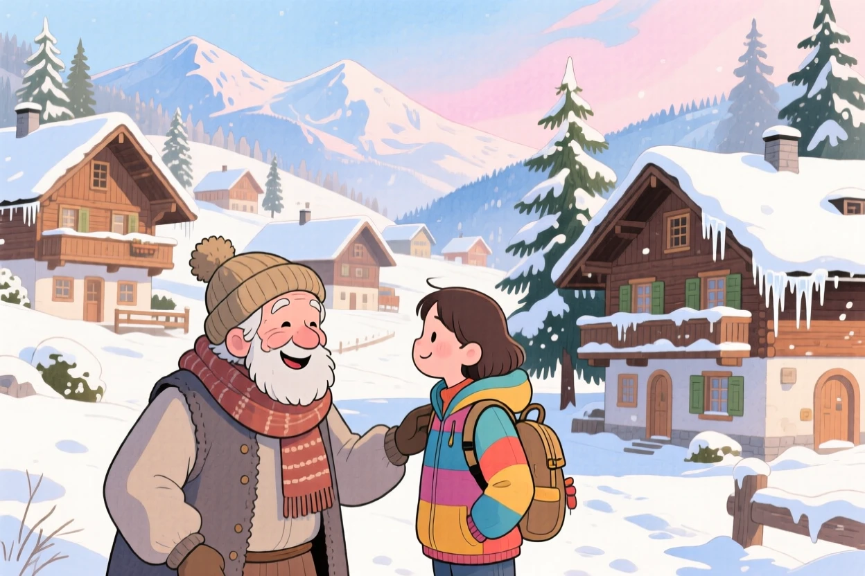 An elderly local shares a warm smile with a passerby amid a snow-dusted alpine village in the Swiss mountains, filled with the romance of travel.