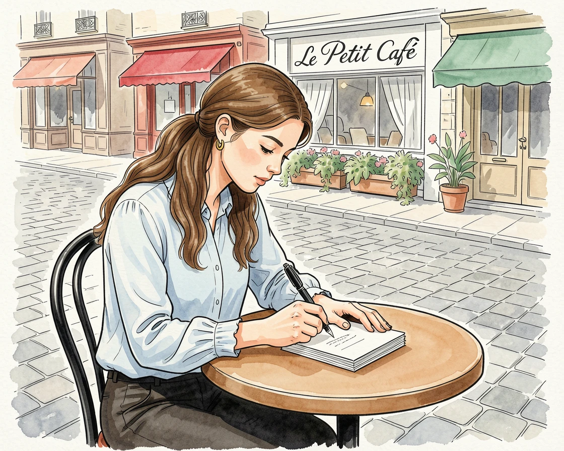 A young woman writing postcards at a café table overlooking a plaza, the surrounding setting adding a sense of everyday charm.