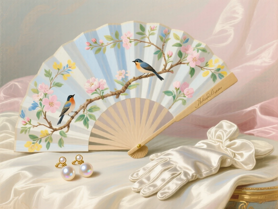 A fan painted with birds beside pearl earrings and silk gloves  