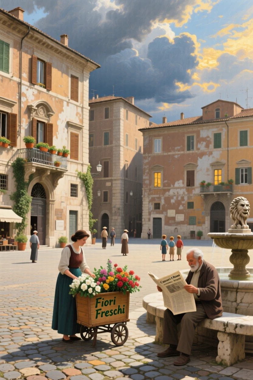 A quiet, sunlit piazza in Rome surrounded by centuries-old architecture, as a dramatic sky adds depth and atmosphere to the skyline, offering a striking, postcard-worthy view of an iconic destination
