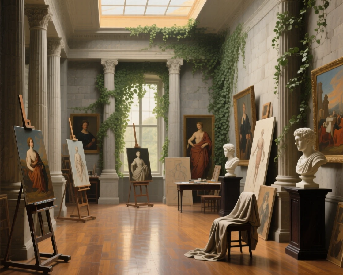 An artist's grand studio filled with half-finished canvases and marble busts awaiting the arrival of guests soon to fill its halls, set within a private estate untouched by passing time, with climbing ivy softening the edges of ancient stonework; strong vertical lines of columns lead the eye upward toward the light, filled with hushed splendor and architectural harmony.