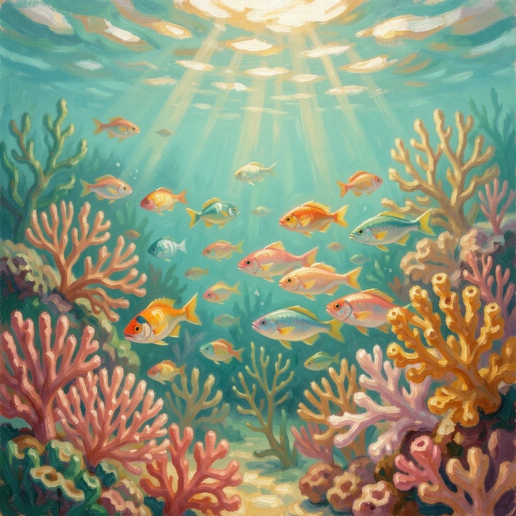 A school of colorful tropical fish weaving through a vibrant coral reef bathed in shafts of sunlight, capturing a moment of quiet intimacy.