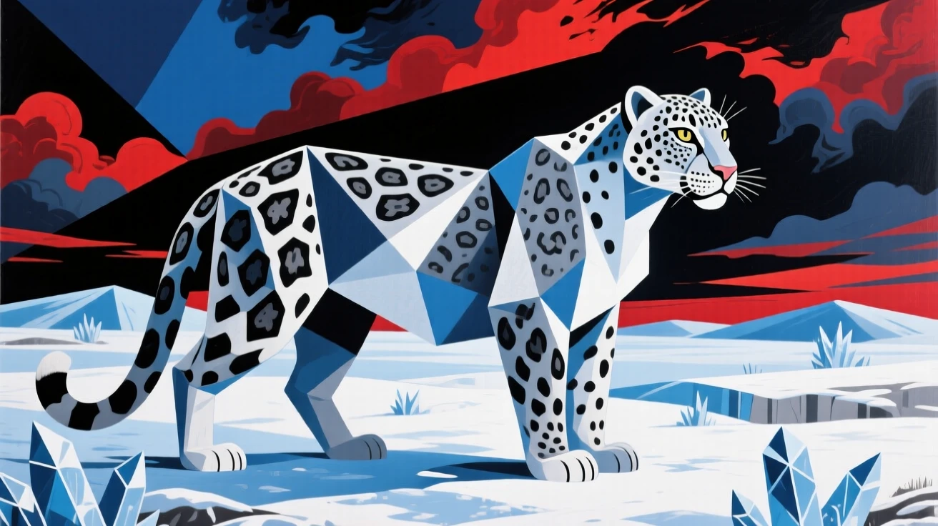 A striking view of a snow leopard standing alert on a frosty tundra plain beneath a dramatic sky.