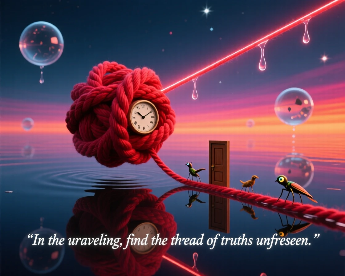 A tangled knot of red thread slowly unraveling into a straight line hovers weightlessly above a calm, reflective surface, as small details reveal themselves only on close look.