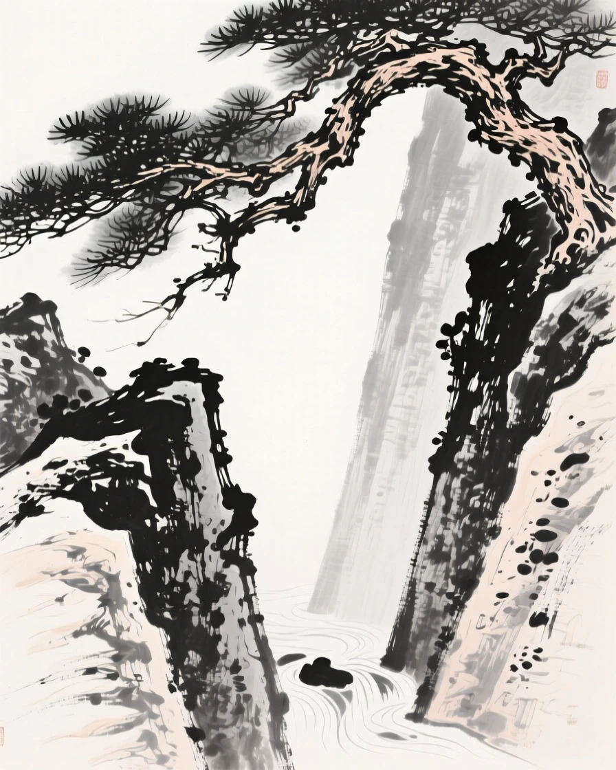 Gnarled pine branches stretch out over a steep mountain gorge, with the sound of distant water echoing off the rocks.