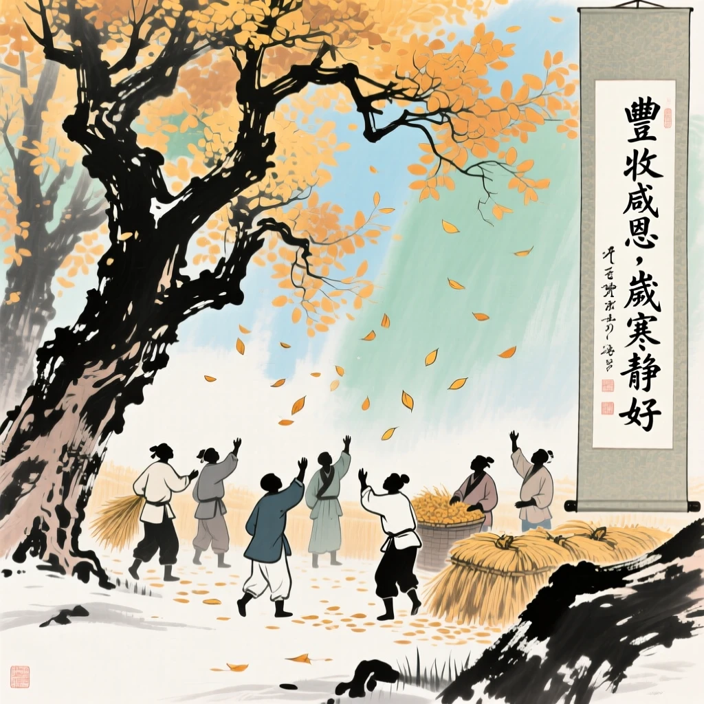 Farmers celebrating a bountiful harvest beneath golden autumn trees, touched with gentle melancholy, in the mild days of early winter.