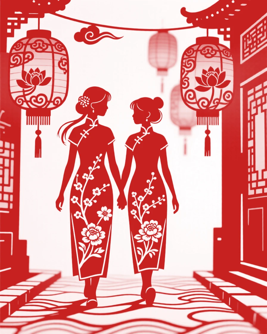 Two sisters, walking home along a lantern-lit street, in capturing an ordinary moment made meaningful by togetherness.