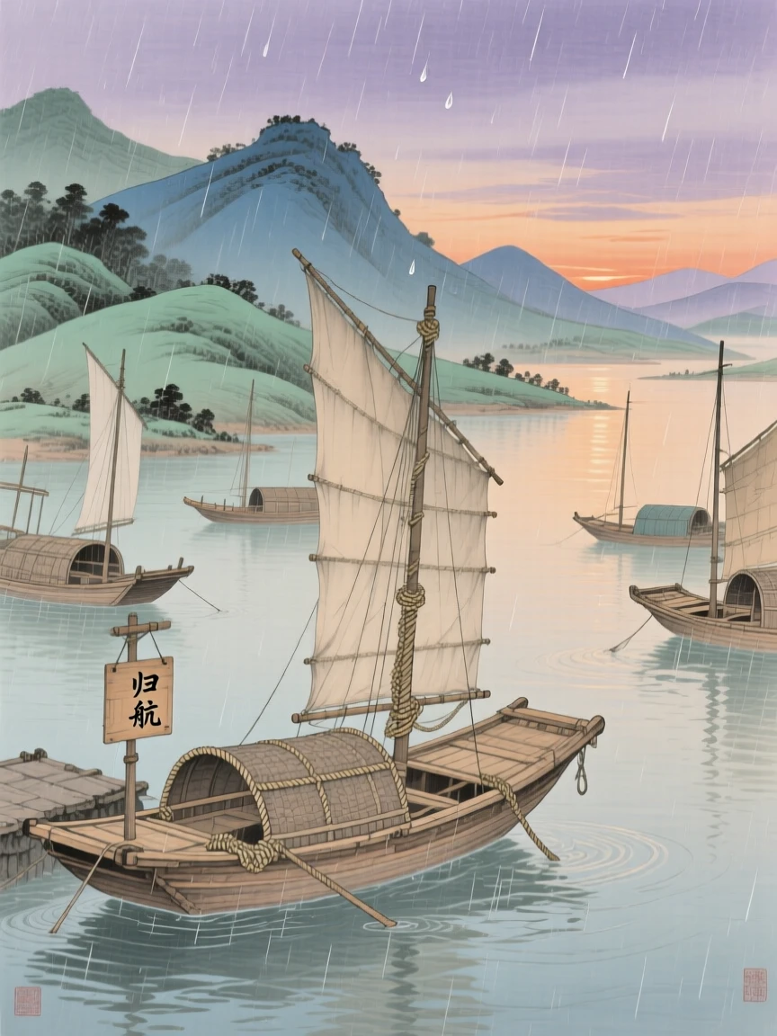 A quiet harbor at dusk with fishing boats returning home, gentle rain falling over the layered hillsides
