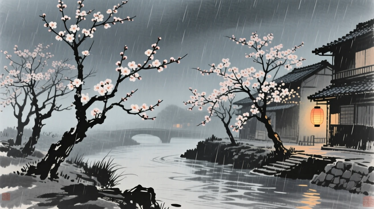 A gentle spring rain falling over blooming plum trees in a small riverside town, composed with warm lantern light glowing against a cool evening, capturing the quiet magic of a changing season.